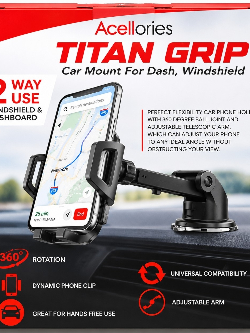 Universal Black & Red Dashboard/Windshield Phone Mount - Secure Grip - Picture 5 of 5